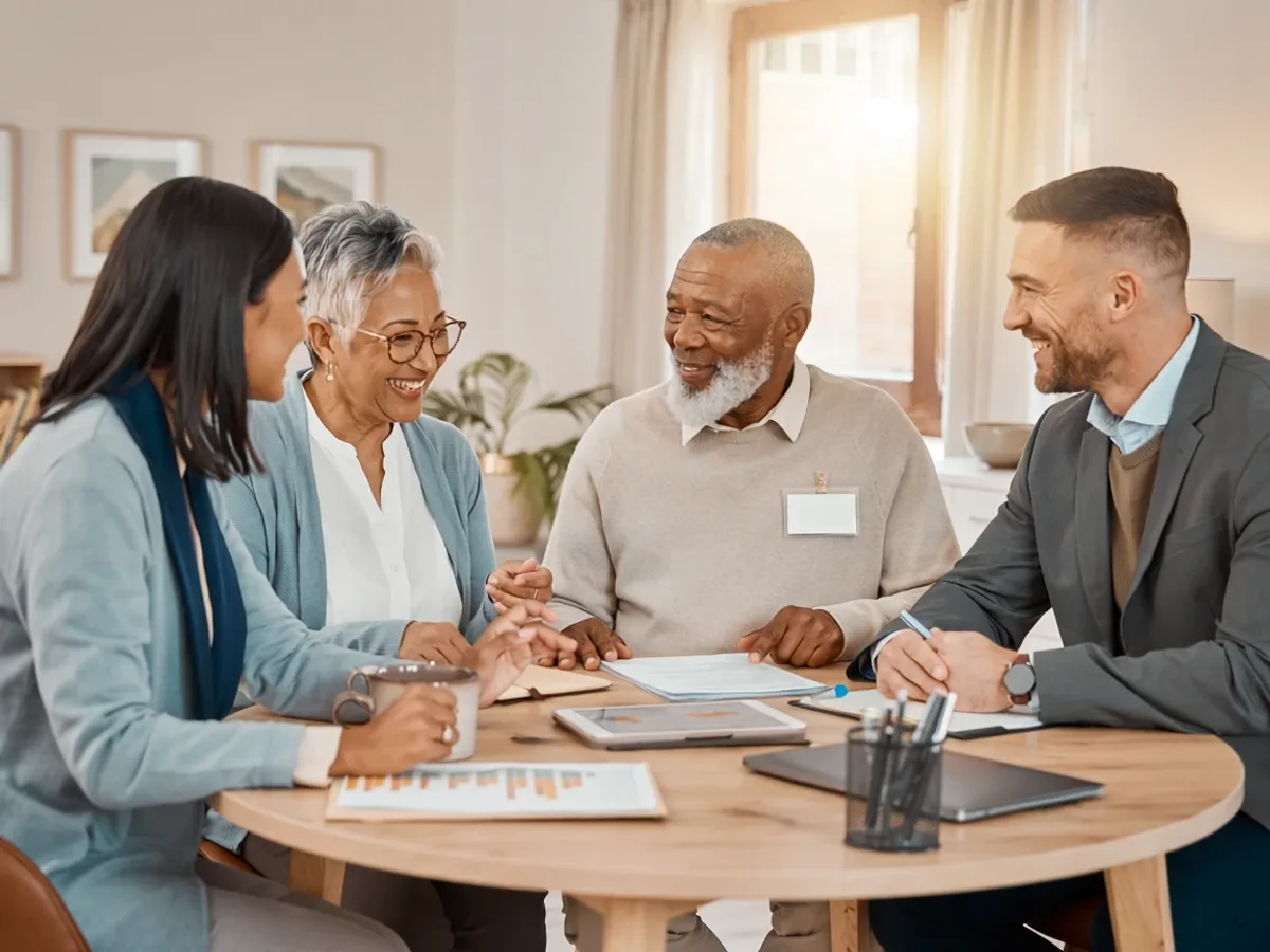 Illustration of a Medicare plan review conversation at a kitchen table