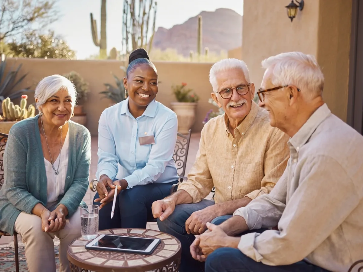 Illustration of older adults talking outdoors in a desert setting